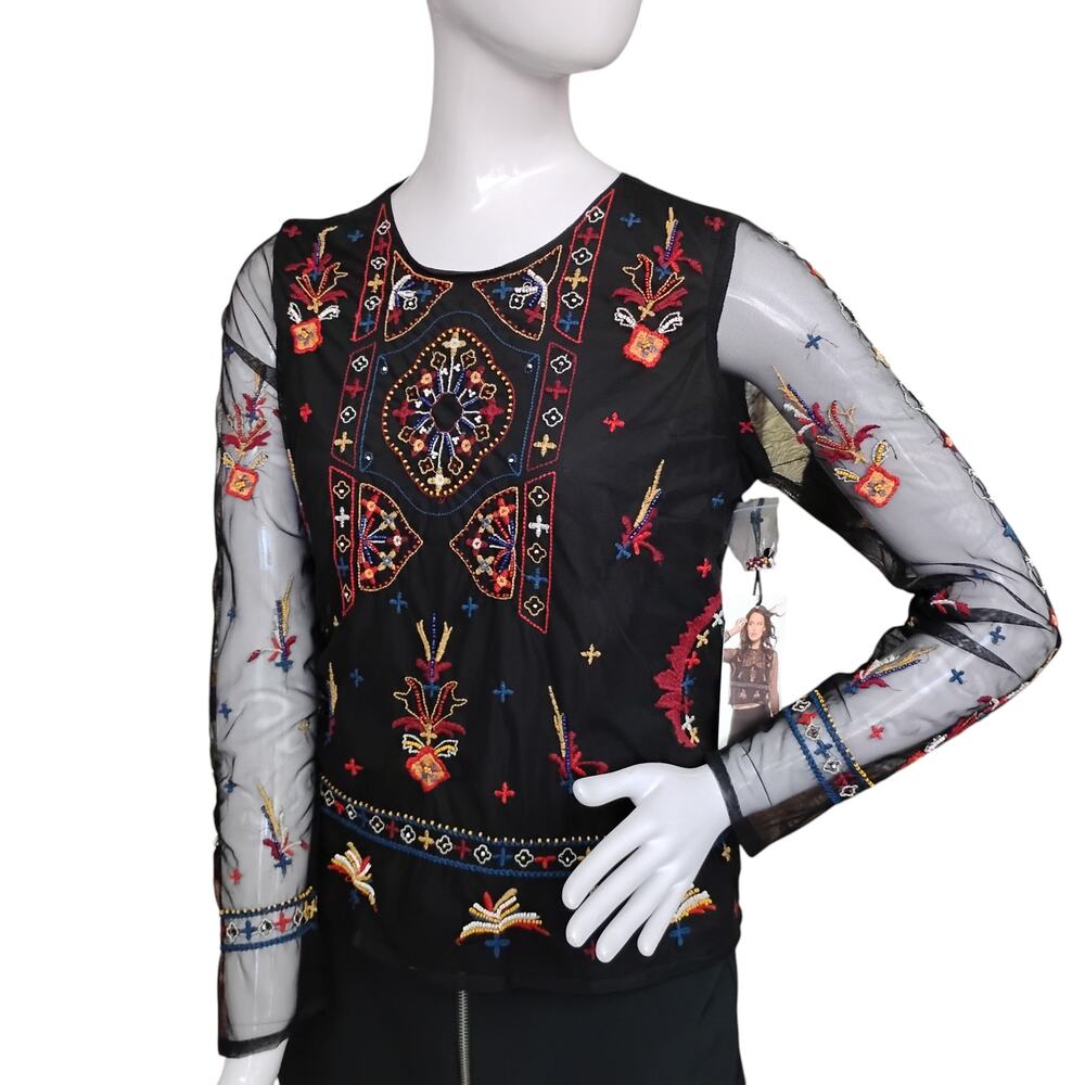Black Tape_ Black Baroque Embroidered Blouse Size Small Mesh Long Sleeves NWT